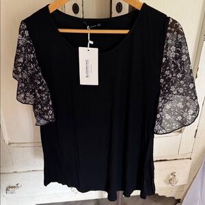 Bloom Chic Black Top with Sheer Floral Sleeves
